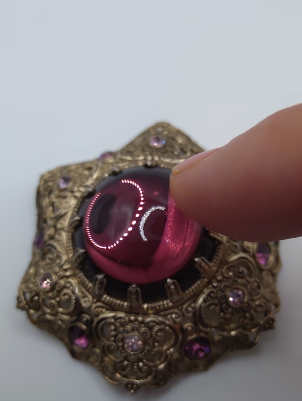 Western Germany Filigree, Purple Glass Cabachon, and Purple Rhinestone Brooch - Picture 7 of 7